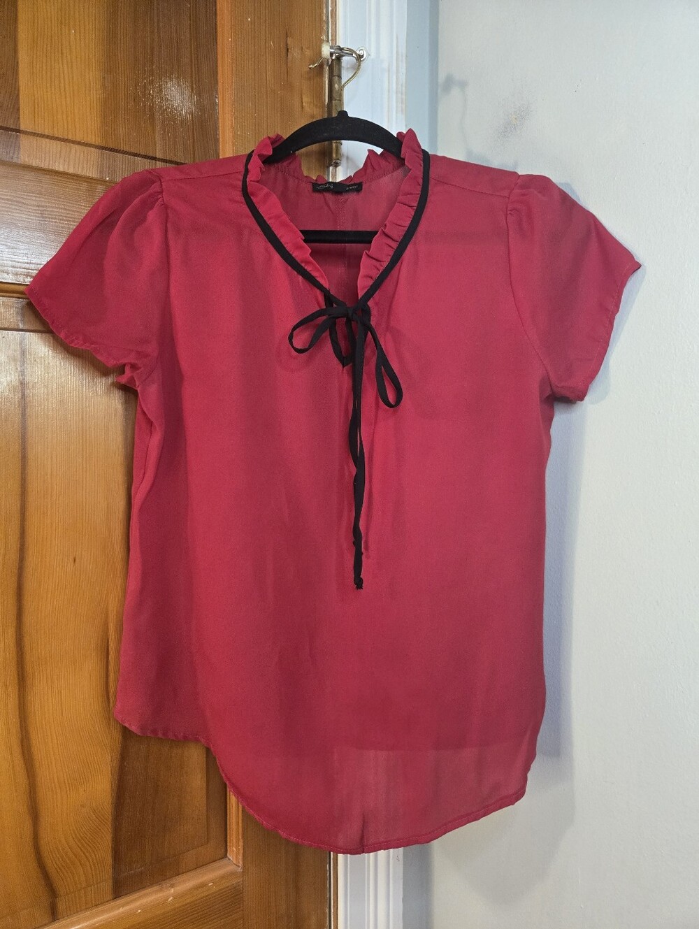 Shinestar Sheer Ruffle Tie Neck Top